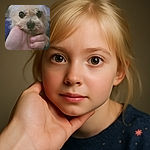 A close-up shot of an adorable small dog with big, shiny eyes being gently held by a human hand, creating a cozy and affectionate vibe with a softly blurred background.