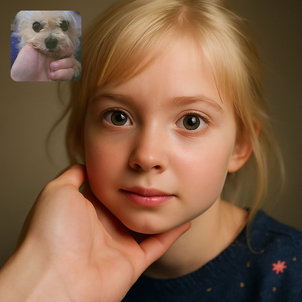 A close-up shot of an adorable small dog with big, shiny eyes being gently held by a human hand, creating a cozy and affectionate vibe with a softly blurred background.