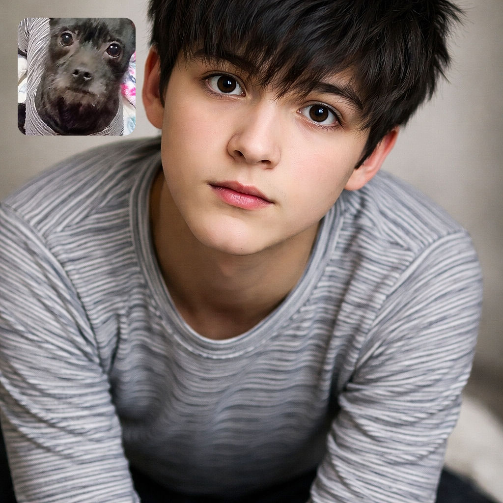 A close-up photo of a small dog wearing a striped sweater, looking curiously at the camera with big shiny eyes. The background is a colorful, fuzzy blanket adding a cozy vibe to the scene.