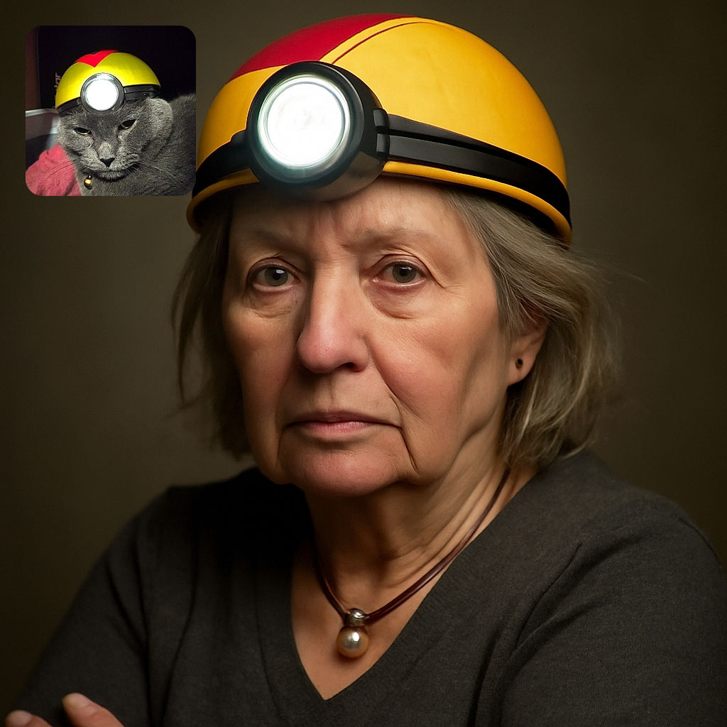 A sleepy gray cat wearing a yellow and red headlamp looks unimpressed while lounging in a cozy spot, ready for a nighttime adventure or maybe just a nap.