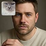 A close-up shot of a fluffy cat with mesmerizing blue eyes and a soft, thick coat, looking directly at the camera with a calm and regal expression. The background is softly blurred, emphasizing the cat's detailed fur and striking gaze.
