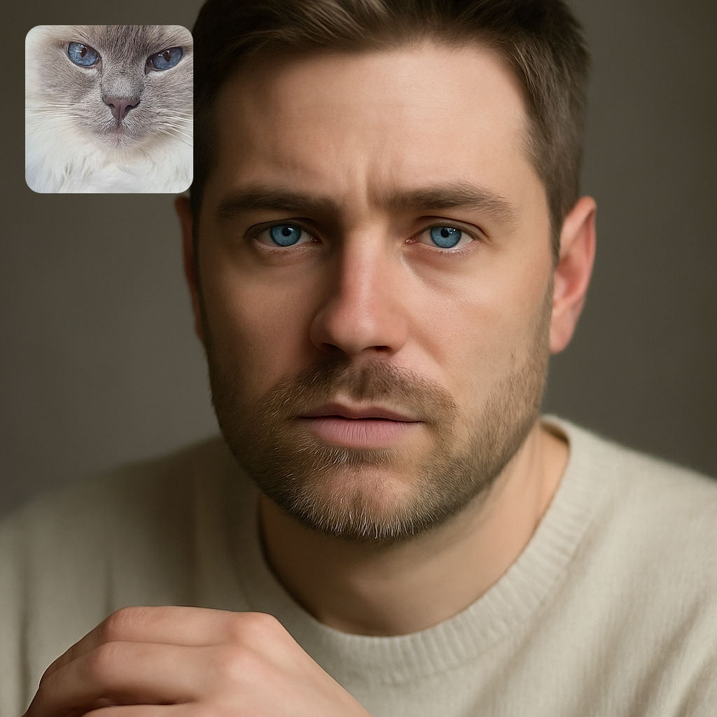 A close-up shot of a fluffy cat with mesmerizing blue eyes and a soft, thick coat, looking directly at the camera with a calm and regal expression. The background is softly blurred, emphasizing the cat's detailed fur and striking gaze.