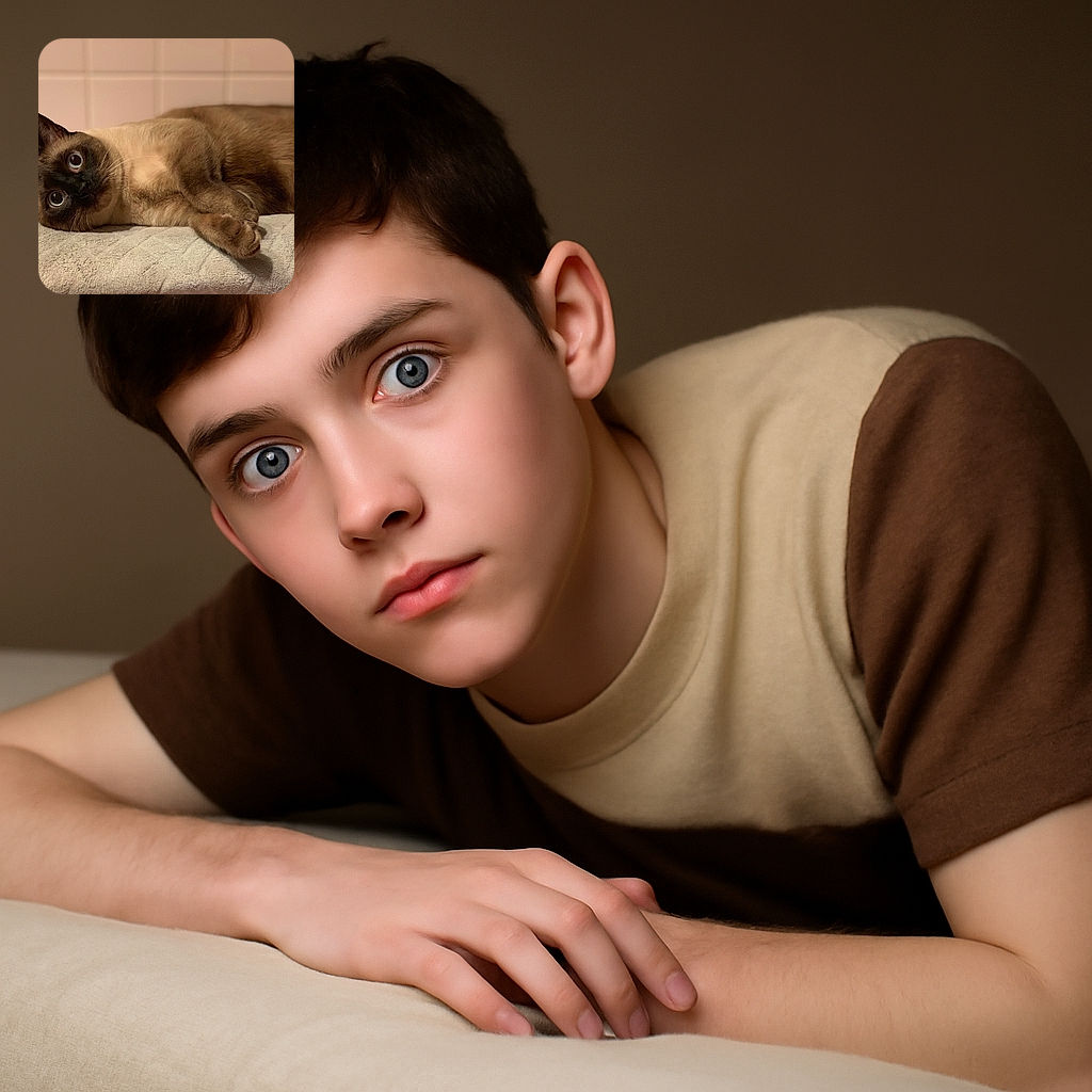 A charming Siamese cat lounges comfortably on a soft towel, gazing wide-eyed with an expression of curious innocence against a simple tiled background.