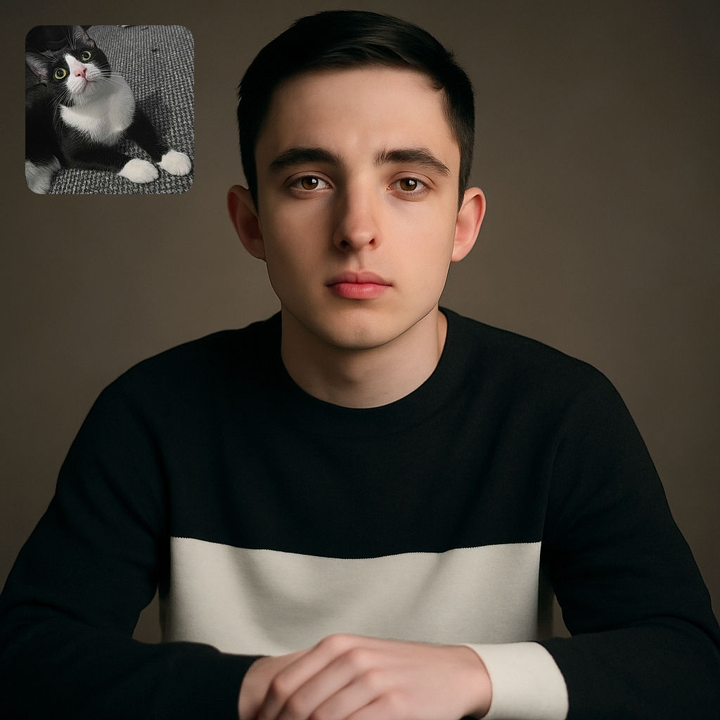 A curious tuxedo cat with bright green eyes gazes upward while lounging on a textured gray carpet, its white paws neatly stretched out, capturing a moment of feline innocence and charm.