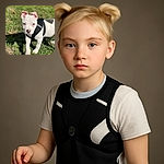 A charming white puppy with a black harness is stepping confidently on the grass, ears perked up and eyes curious, basking in the sunlight with a soft green background blur.