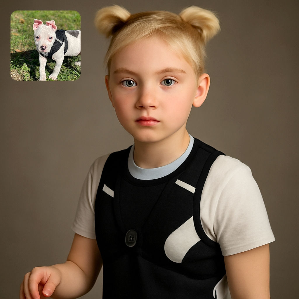 A charming white puppy with a black harness is stepping confidently on the grass, ears perked up and eyes curious, basking in the sunlight with a soft green background blur.
