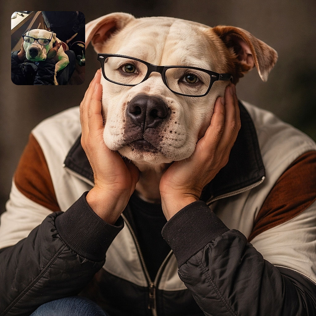 A charming dog wearing oversized glasses being gently held by a person, creating a humorous and endearing scene. The lighting is dim and cozy, with a cluttered background including a scale and some household items. The photo has a playful vibe enhanced by the dog's serious expression and the glasses.