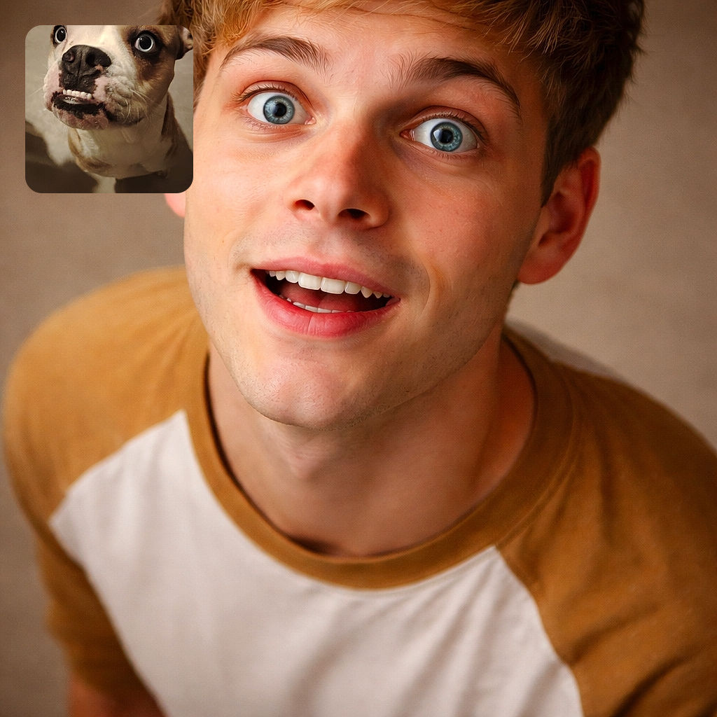 A hilariously earnest brown-and-white dog close-up staring up with huge round eyes and a goofy little toothy grin — low-light indoor shot, warm tones, and dramatic shadowing on the floor.