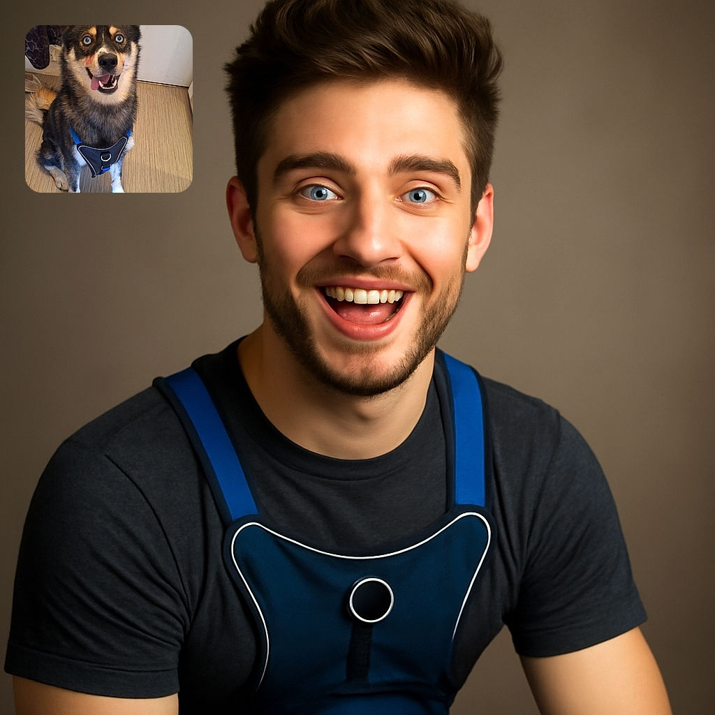 A happy dog with striking blue eyes and a playful tongue-out expression sits on a wooden floor wearing a blue and black harness, looking ready for an adventure or a treat.