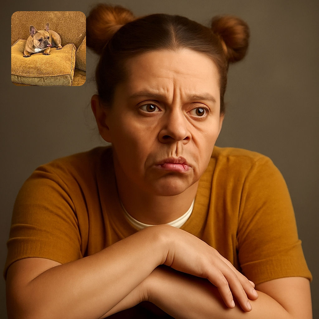 A cute French Bulldog lounges comfortably on a large brown cushion atop a matching couch, sticking its tongue out slightly as if caught mid-thought or mid-lick, showcasing a relaxed yet playful mood in a cozy indoor setting.