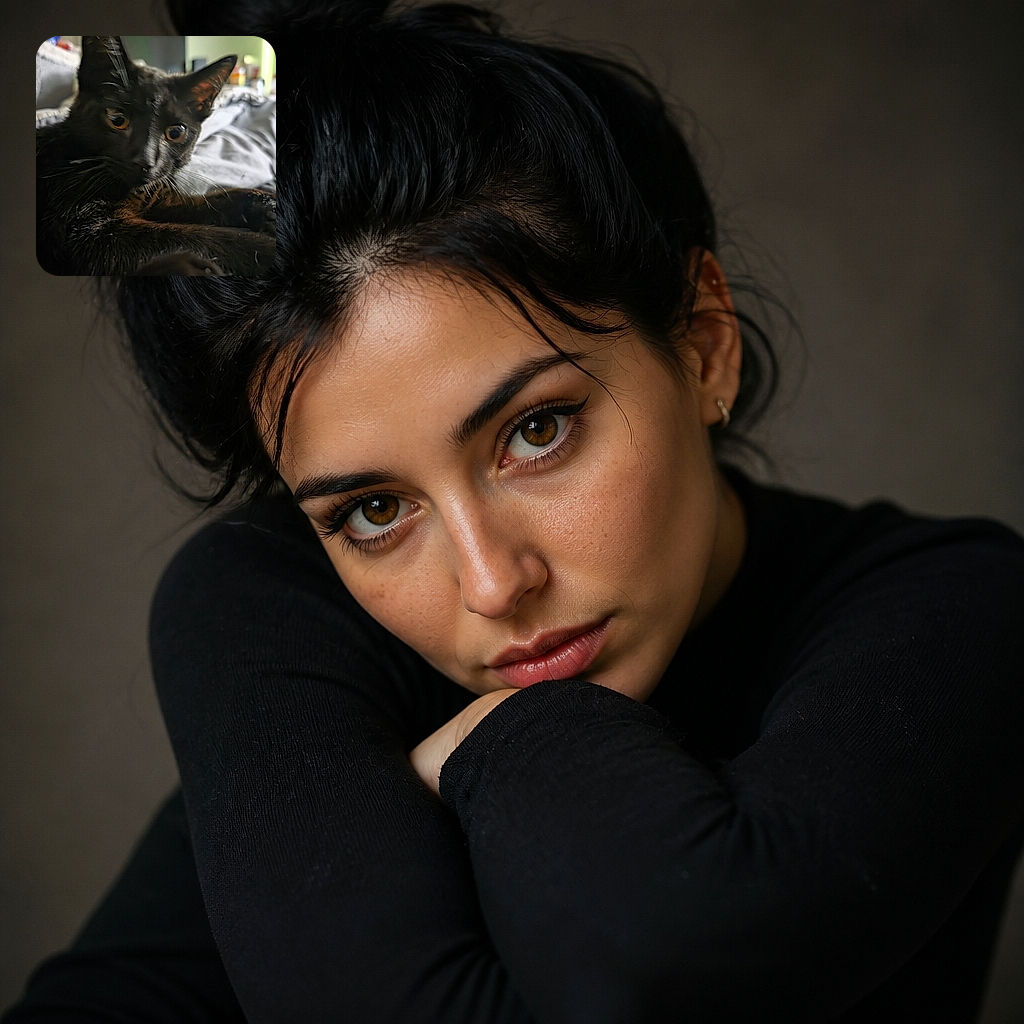 A curious black cat stares into the camera with enormous amber eyes, looking like it has just discovered the mysterious creature responsible for taking photos. It lounges dramatically on a dark blanket while the cozy room behind melts into a sleepy blur.