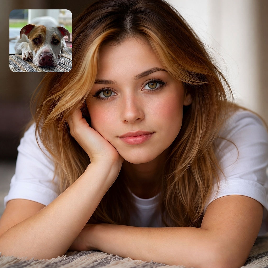 A soulful, big-nosed dog flops on a striped rug and stares straight into the camera with sleepy eyes and dramatic ear flops — foreground razor-sharp, background dreamily blurred, like a canine supermodel taking a nap after a long day of fetching.