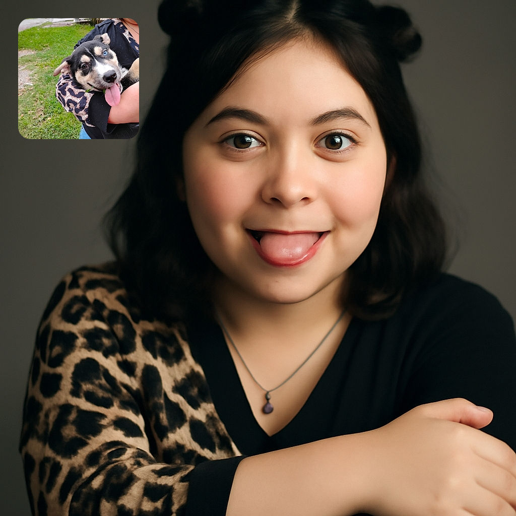 A happy puppy with one blue eye and one brown eye is being held by a person wearing a black and leopard print top, tongue out and looking playful, with a grassy background and a dirt path.