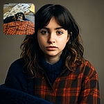 A charming little dog peeks out from behind a cozy orange plaid blanket, eyes wide and curious, surrounded by a comfy carpet and a soft plaid throw in the background. The scene radiates warmth and a touch of playful anticipation.