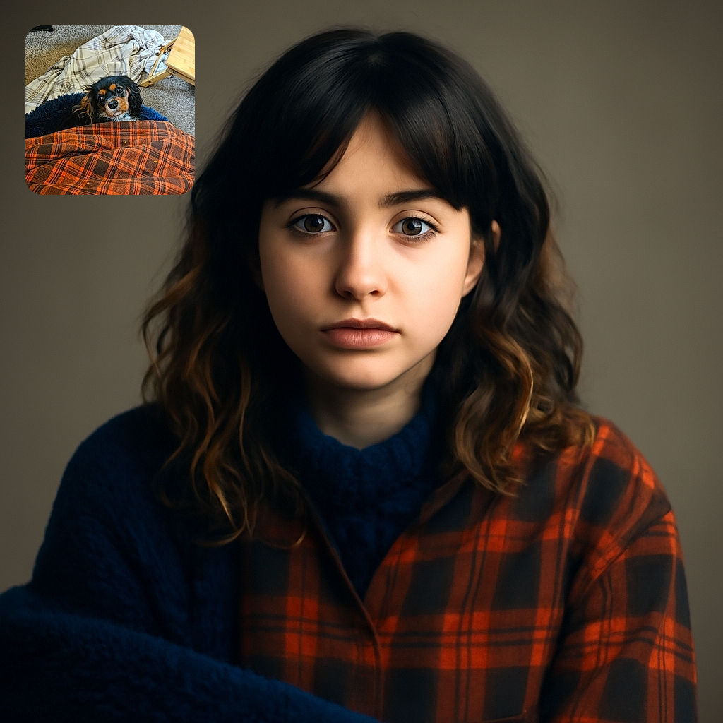 A charming little dog peeks out from behind a cozy orange plaid blanket, eyes wide and curious, surrounded by a comfy carpet and a soft plaid throw in the background. The scene radiates warmth and a touch of playful anticipation.