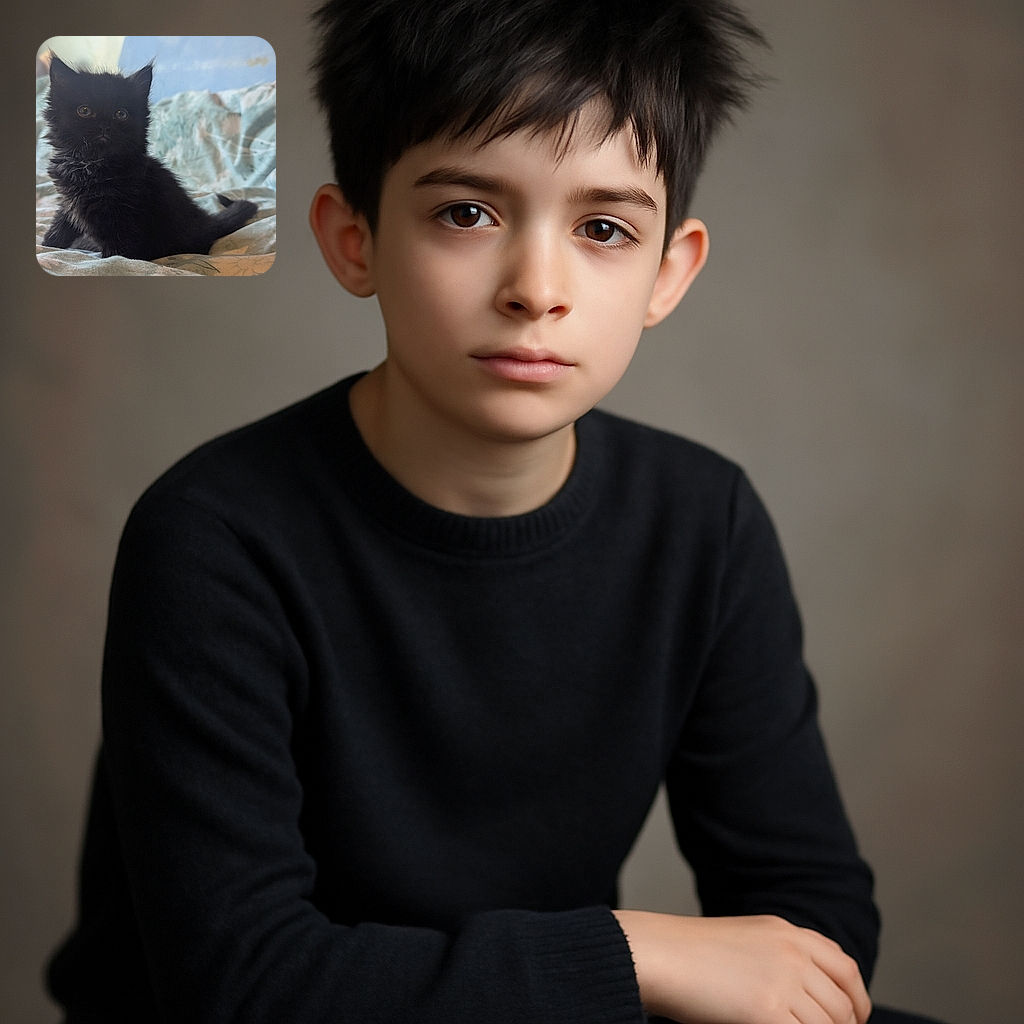 A fluffy black kitten sits alert on a bed with a soft, patterned blanket. The background is a bit blurry with a mix of light blue and white, giving a cozy and calm vibe. The kitten's curious eyes glisten in the soft natural light, making it look like a tiny, mysterious shadow ninja in training.
