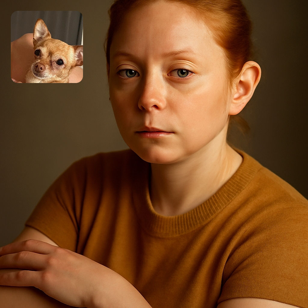 A small tan Chihuahua is being gently cradled in someone's arms, looking slightly curious with big, shiny eyes. The background is softly blurred, focusing all attention on the adorable dog and the comforting embrace.