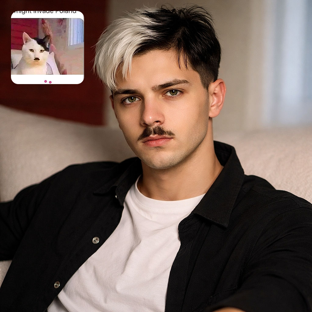 A white cat with a black patch on its head and a black spot under its nose resembling a mustache, sitting indoors with a humorous caption about the cat invading Poland. The photo is a bit blurry and appears to be a screenshot from Pinterest with text overlay.