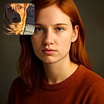 A close-up photo of a golden-brown dog standing on a stone pavement, with sunlight casting a shadow partially over its face, highlighting its expressive eyes and shiny fur.