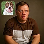 A close-up photo of a brown and white dog sitting on green grass, looking up with soulful eyes and a slightly open mouth as if waiting for a treat or a belly rub.