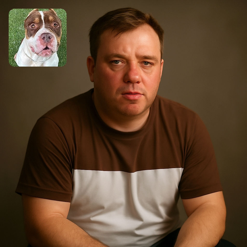 A close-up photo of a brown and white dog sitting on green grass, looking up with soulful eyes and a slightly open mouth as if waiting for a treat or a belly rub.