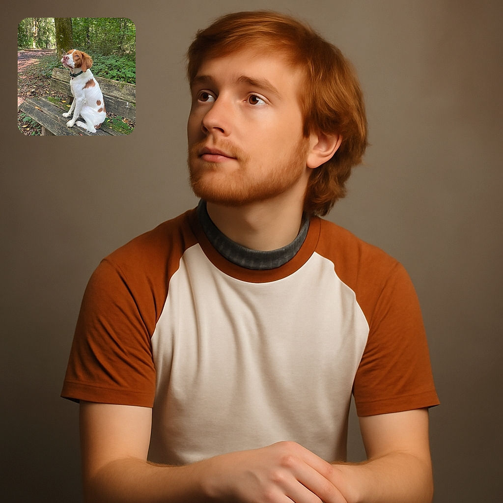 A charming brown and white dog sits patiently on a rustic wooden bench in a serene forest setting, gazing upwards with an expression full of curiosity and hope, while the sunlight filters softly through the lush green foliage.