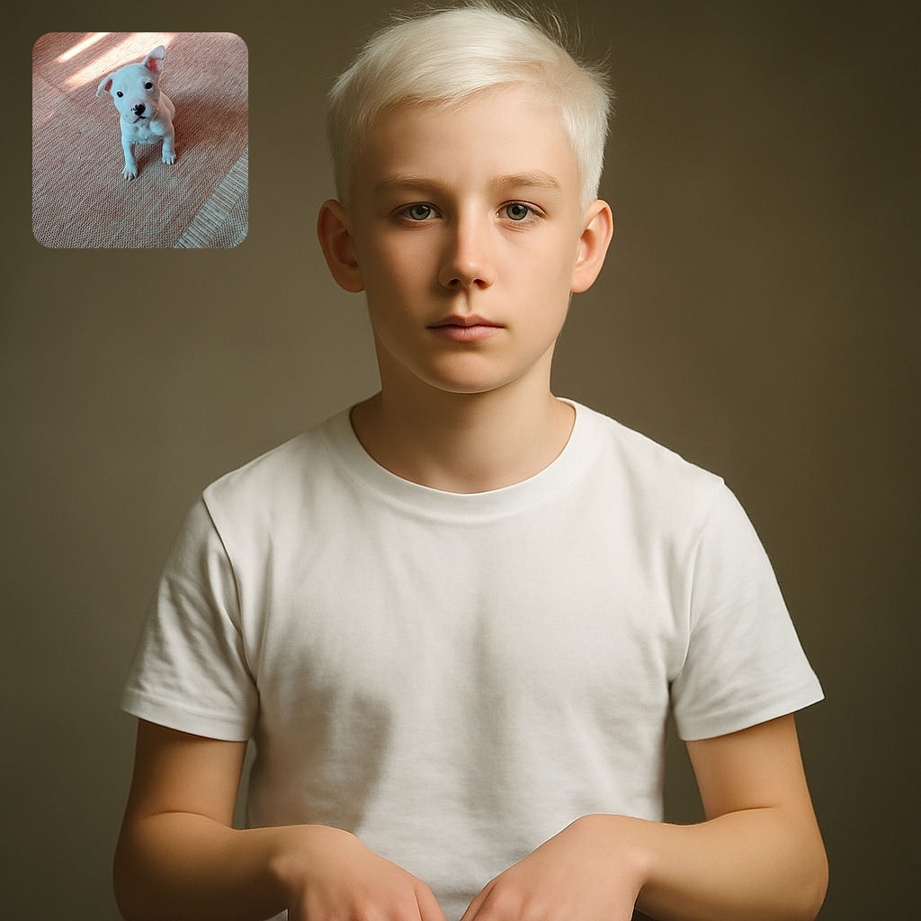 A tiny white puppy with a charming black nose spot looks up with innocent eyes while standing on a textured beige carpet. Sunlight casts soft shadows on the floor, adding warmth to this adorable moment.