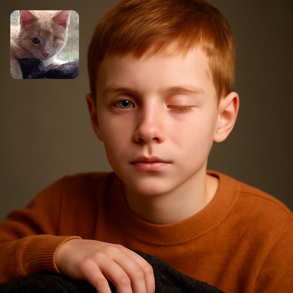 A one-eyed ginger kitten cozies up on a soft, dark blanket by a rainy window, looking curiously at the camera with a gentle, innocent expression.