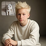 A fluffy white puppy with striking blue eyes lounges on a tiled floor, looking curiously at the camera with its paws stretched out in front.