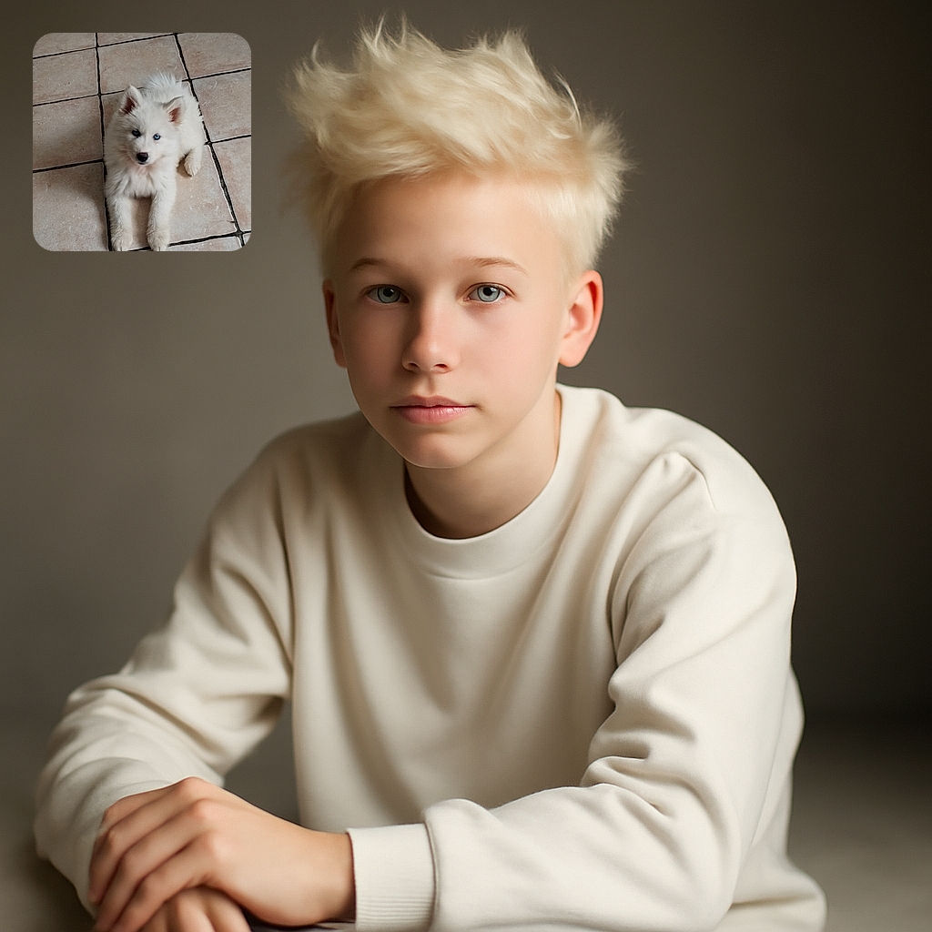 A fluffy white puppy with striking blue eyes lounges on a tiled floor, looking curiously at the camera with its paws stretched out in front.