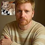 A fluffy cream-colored cat lounges comfortably on a black and white patterned blanket, its soft fur and curious eyes stealing the spotlight against a wooden background.