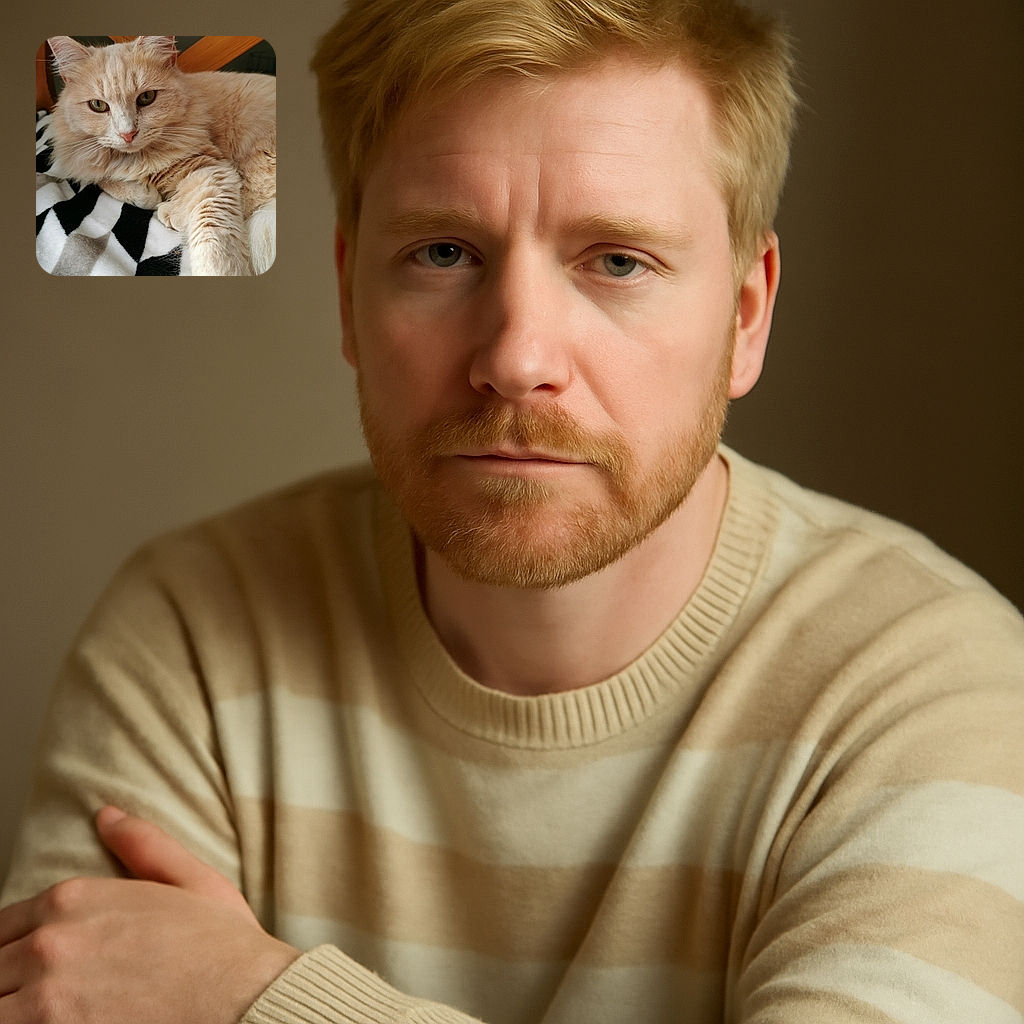A fluffy cream-colored cat lounges comfortably on a black and white patterned blanket, its soft fur and curious eyes stealing the spotlight against a wooden background.