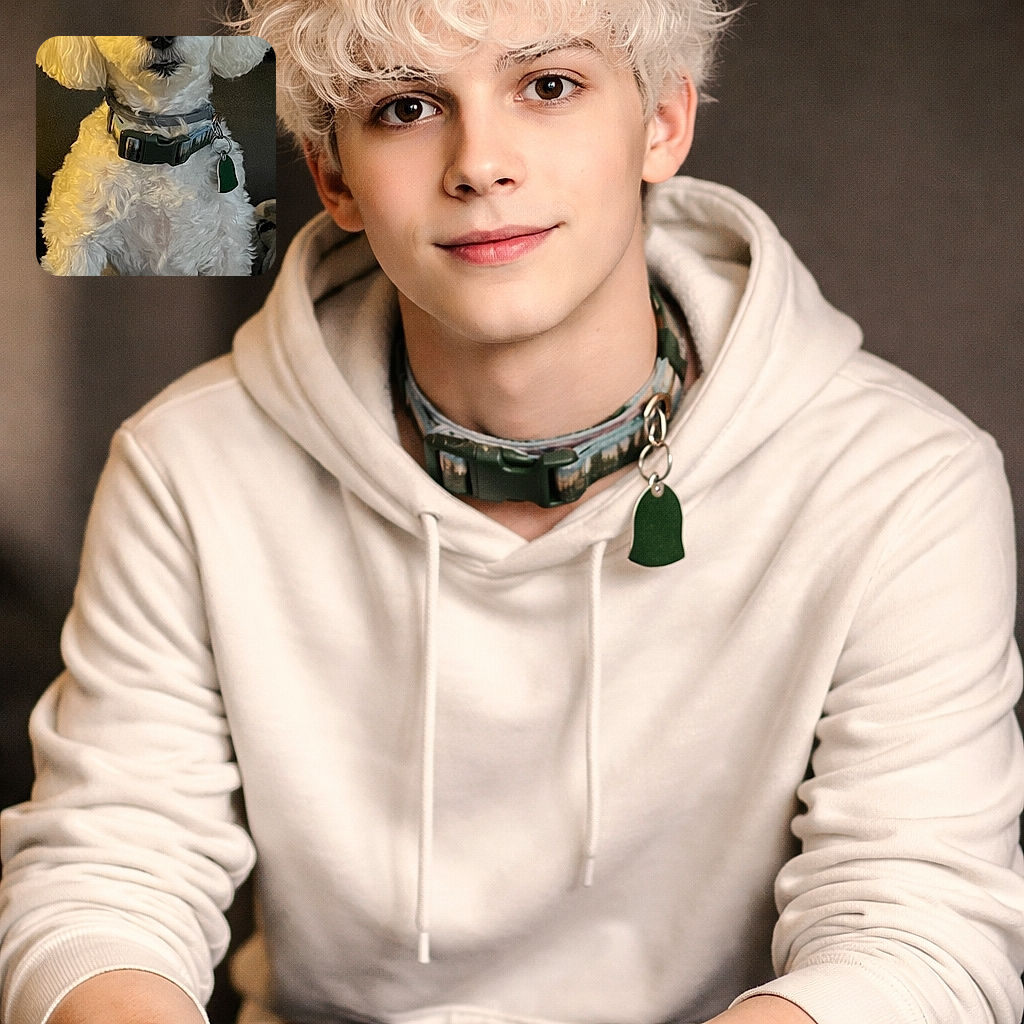 A fluffy white dog with a green collar sits attentively against a dark background, looking curious and ready for a treat. The lighting highlights the soft curls of its fur, while a small text overlay 'Crop' appears in the top corner, adding a quirky touch to the otherwise cozy portrait.