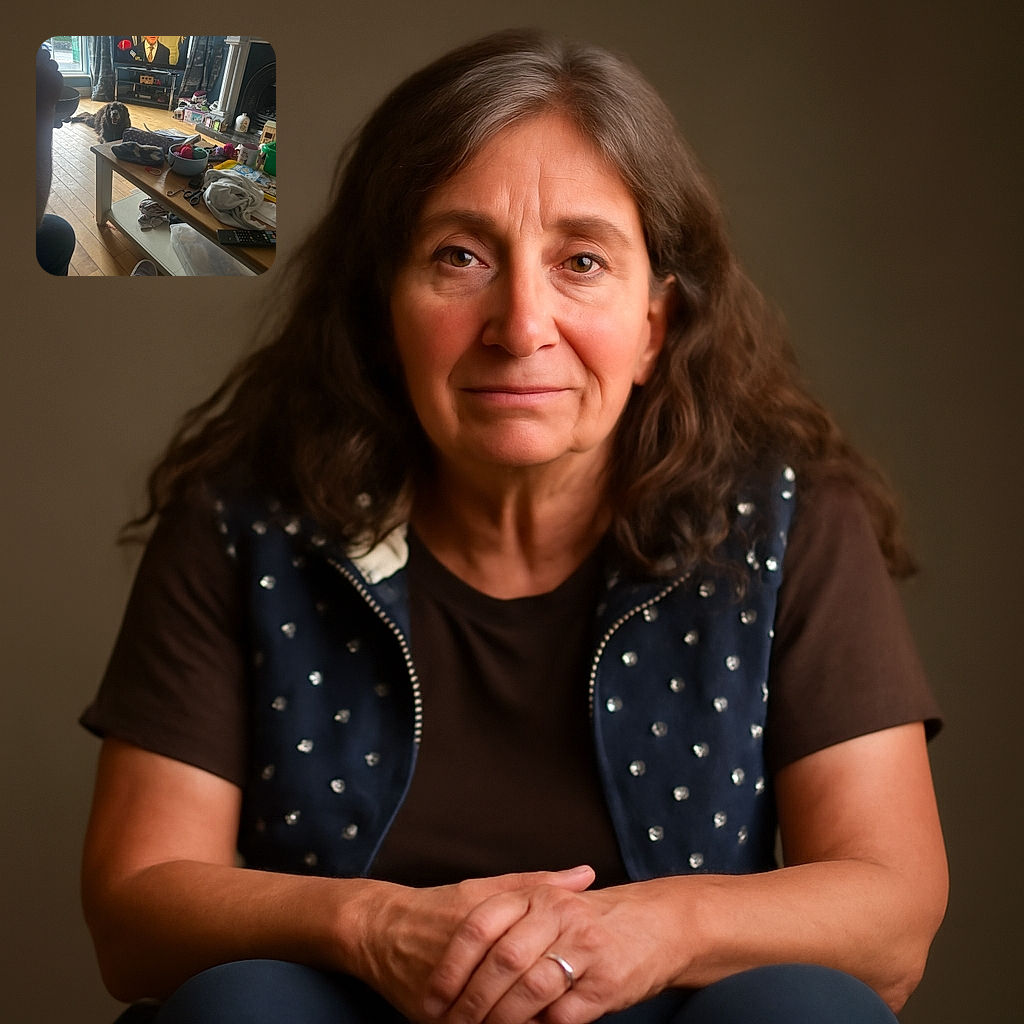 A cozy living room scene with a fluffy black dog lounging on a wooden floor, a cluttered coffee table full of yarn, scissors, and other household items, and a TV in the background showing a serious news broadcast. The photo captures a relaxed moment with a mix of everyday chaos and calm pet companionship.