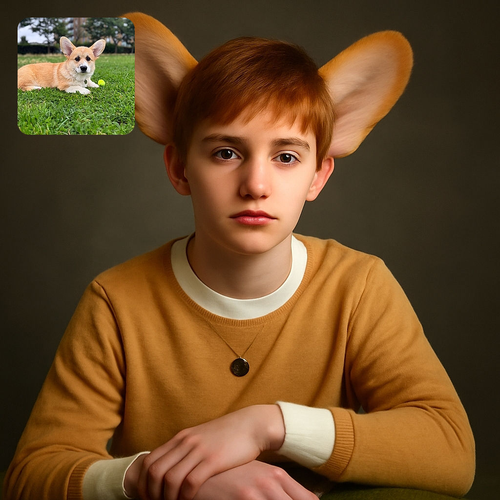 A fluffy corgi puppy lounges on a lush green lawn with a bright yellow tennis ball nearby, looking adorably attentive with its big ears perked up and soulful eyes, while a blurred urban background of trees and buildings adds depth and charm.