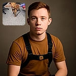 A curious brown dog named Arnold stands alert on a speckled floor, with a leash playfully shaped like a heart. Two people are nearby, one petting the dog and the other crouching, creating a cozy indoor scene filled with anticipation and affection.