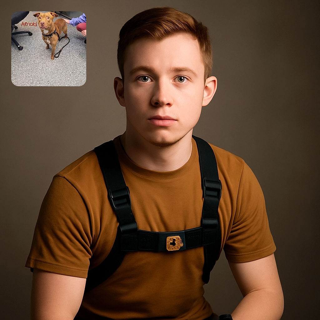 A curious brown dog named Arnold stands alert on a speckled floor, with a leash playfully shaped like a heart. Two people are nearby, one petting the dog and the other crouching, creating a cozy indoor scene filled with anticipation and affection.