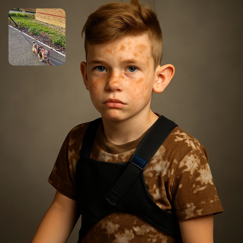 A lively speckled puppy with big ears is trotting on a leash down a suburban sidewalk, casting a long shadow in the afternoon sun, with a neat row of shrubs and brick houses in the background.