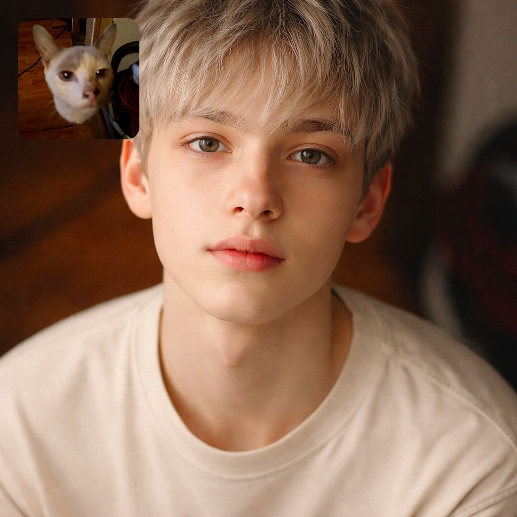 A curious cat nose-crashes the camera in an unbearably close, very blurry selfie — ears like satellite dishes, big shiny eyes, with hardwood floor and a tangle of cords in the background. Looks like the cat demanded to be the center of attention and the photographer obeyed (poorly).
