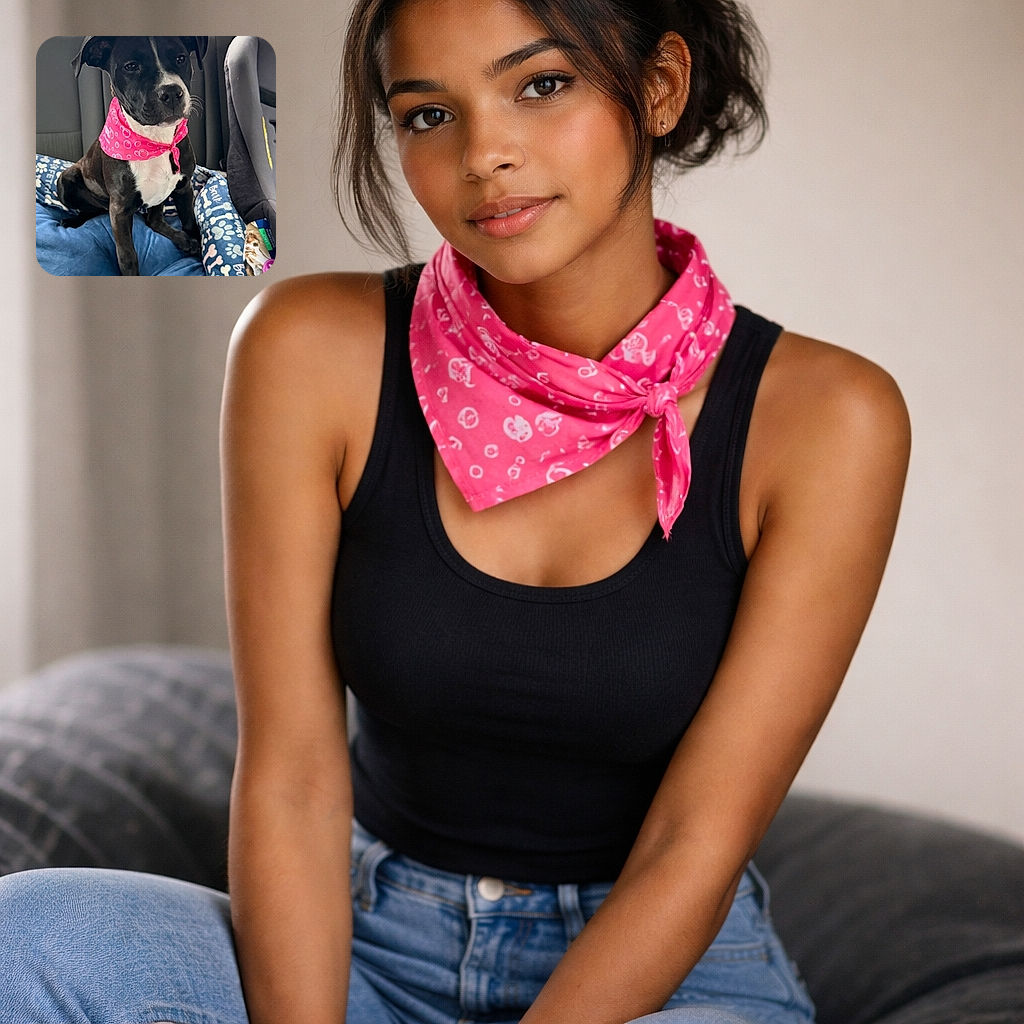 A charming black and white dog wearing a bright pink bandana sits comfortably on a blue dog bed inside a car, looking attentively out of frame with a calm and curious expression.