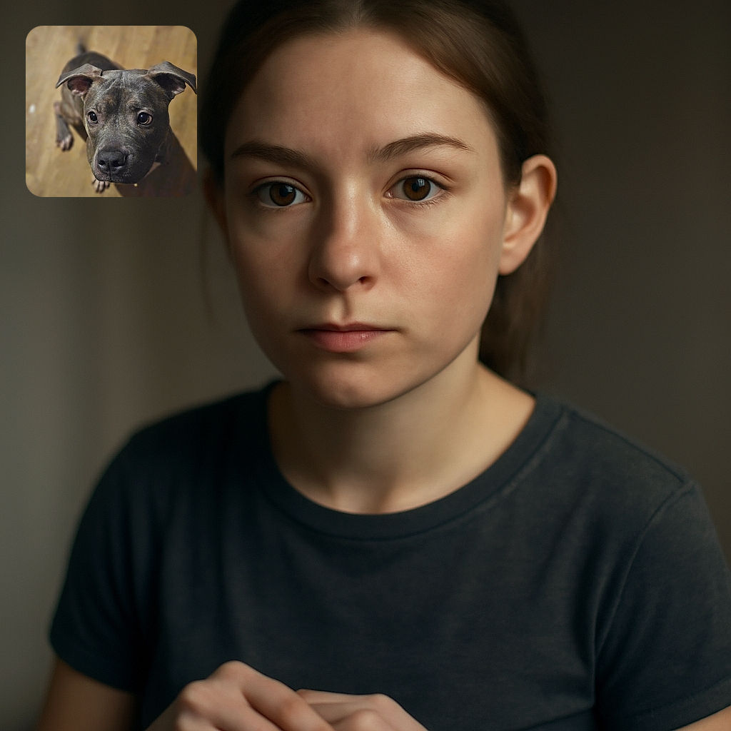 A close-up shot of a curious dog looking up with big, shiny eyes, ears perked and head slightly tilted, standing on a wooden floor with a softly blurred background.