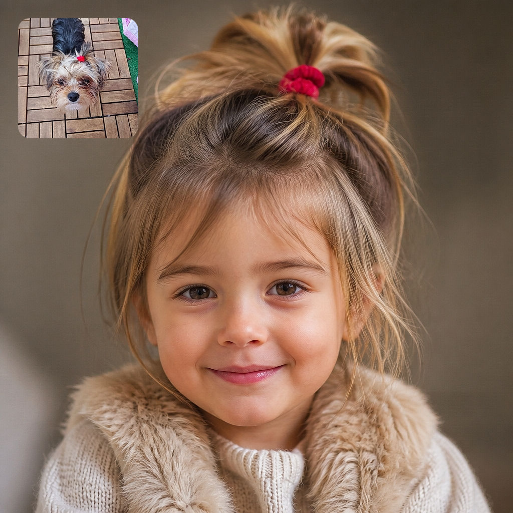A wonderfully scruffy little dog stares up at the camera like a tiny courtroom judge, its pink topknot adding just the right amount of canine glamour. It sits on a patterned wooden deck beside a strip of green turf, looking ready to issue treats-related legal orders.