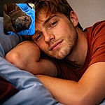A dozy brown pup has claimed the bed and is giving the world a half‑asleep side eye — nose front and center, floppy ears draped over the blue blanket, with a cozy bedroom backdrop. Looks like a professional napper with zero interest in mornings.