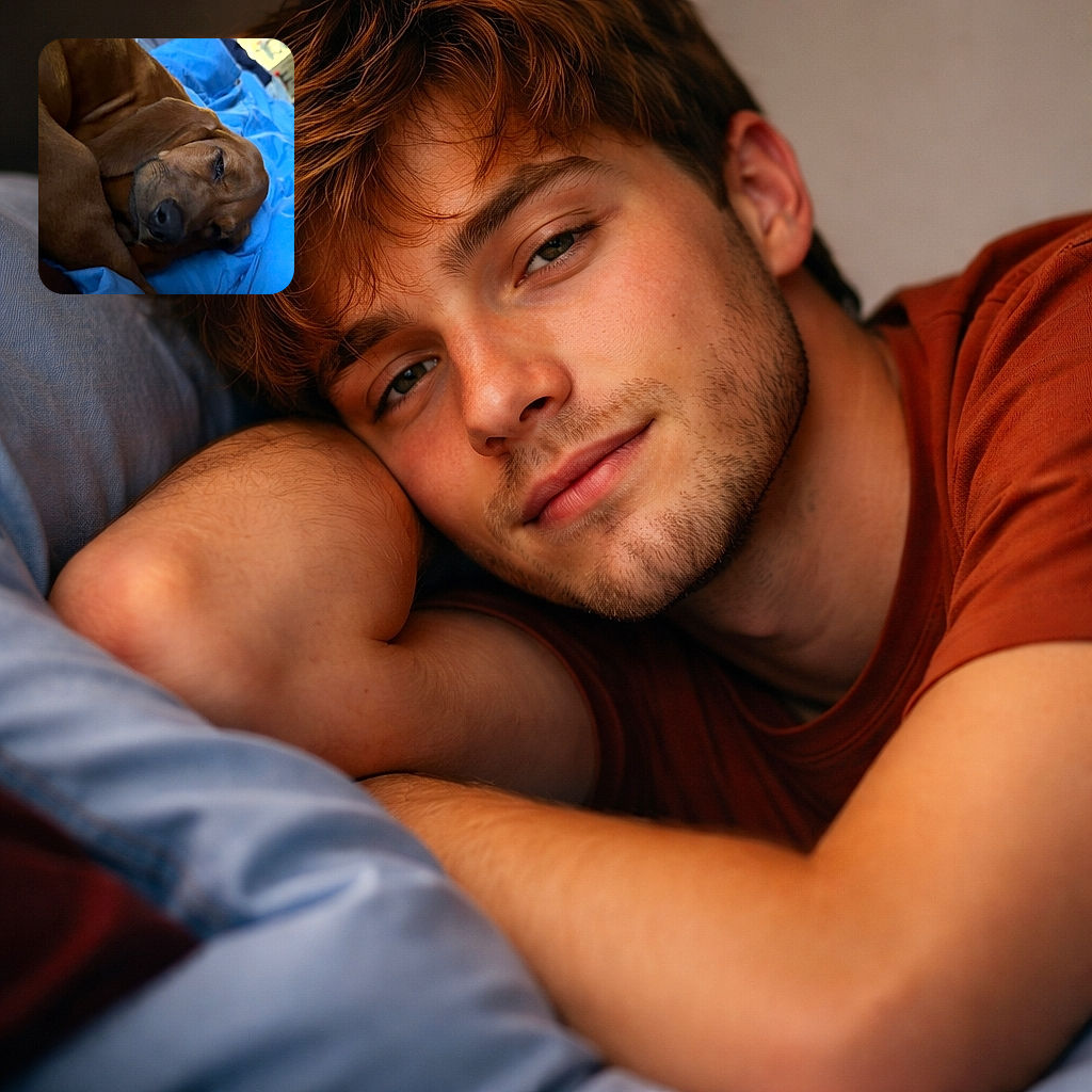 A dozy brown pup has claimed the bed and is giving the world a half‑asleep side eye — nose front and center, floppy ears draped over the blue blanket, with a cozy bedroom backdrop. Looks like a professional napper with zero interest in mornings.