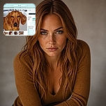 A serious-looking brown dachshund stares into the camera like it has just been appointed CEO of the snack department, while a browser page around it advertises everything from adoption to storage space.