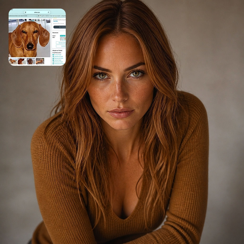 A serious-looking brown dachshund stares into the camera like it has just been appointed CEO of the snack department, while a browser page around it advertises everything from adoption to storage space.