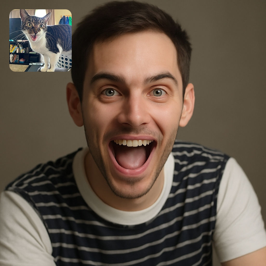 A surprised or excited tabby cat with wide eyes and open mouth stands on a piece of furniture in a cozy living room, with a bookshelf and laundry basket in the background.