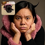 A charming black French bulldog lies flat on a beige bedspread wearing a fluffy pink collar, with big soulful eyes looking straight at the camera, while a cozy bedroom background softly glows with warm lighting.