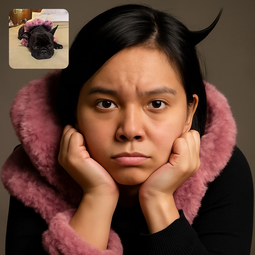 A charming black French bulldog lies flat on a beige bedspread wearing a fluffy pink collar, with big soulful eyes looking straight at the camera, while a cozy bedroom background softly glows with warm lighting.