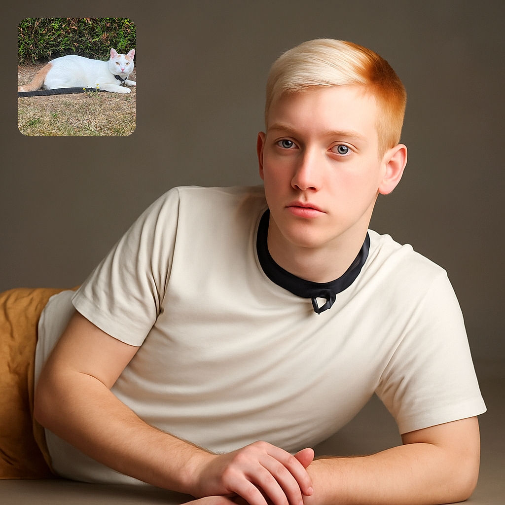 A serene white cat with orange patches lounges on dry grass near a bush, wearing a collar and leash, gazing calmly at the camera as if contemplating the mysteries of the universe.